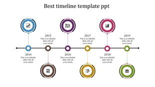 Minimalist horizontal timeline spanning 2014-2019, with blue milestone markers, icons, and placeholder text areas.