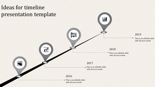 Timeline presentation template with year markers from 2016 to 2019, each represented by grey location pins with icons.