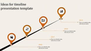 Timeline slide with four orange map pins, featuring year markers and icons along an ascending black path.