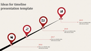 Minimalist timeline slide with colored pin markers for years 2016 to 2019, featuring business icons and placeholder text.