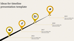 Timeline slide with four red pointers on a diagonal black line, tracking milestones from 2016 to 2019.