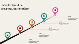 Timeline with map pins in green, red, orange, teal, and pink, marking years from 2015 to 2019 along an ascending black path.