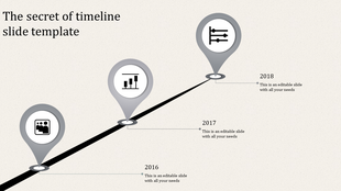 Gray gradient timeline featuring three map pin style markers for 2016, 2017, and 2018, aligned on a diagonal path.