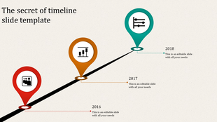 Business milestone timeline with purple location pins on a slanted path, highlighting years from 2015 to 2019.