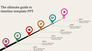Six multicolored map pins on a diagonal black timeline, marking key years with icons and connected text descriptions.