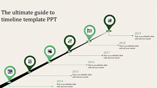 Timeline slide with six green markers placed on an angled black line, tracking progress from 2014 to 2019.
