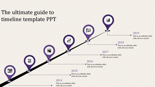 Purple timeline infographic with location pins marking milestones from 2014 to 2019 along an ascending black path.