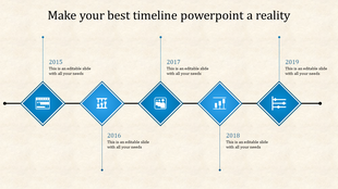 Linear timeline featuring blue diamond nodes with data visualization icons spanning five years from 2015-2019.