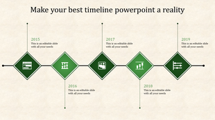 Timeline with five green diamonds, featuring white icons and black connectors, spanning years 2015 to 2019.