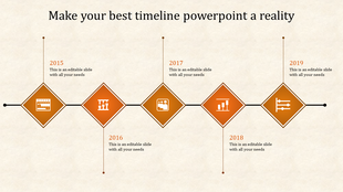 Elegant timeline design with five diamond shaped orange milestones containing white business icons on beige background.