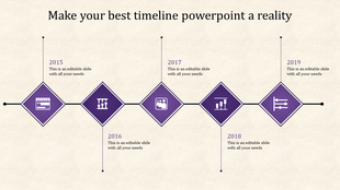 Horizontal timeline with purple diamond icons, black connectors, and milestone years from 2015 to 2019 on a beige background.