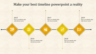 Business timeline with five interconnected yellow diamonds displaying analytical icons and year markers from 2015-2019.