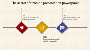 Horizontal timeline with three diamond shaped milestones in red, yellow, and blue, each connected to a year with text.