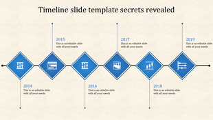 Horizontal timeline with six blue diamond markers, on a black connectors, and icons, on a beige background.