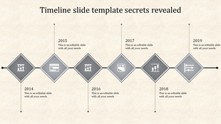 Six stage timeline with gray diamond icons representing different years, connected by a horizontal black line with placeholder text.