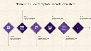 Linear business timeline with six purple diamond shaped steps, each containing icons and text placeholders from 2014 to 2019.