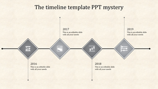 Modern timeline featuring four gray diamond elements, arranged sequentially along a horizontal path with placeholder text.