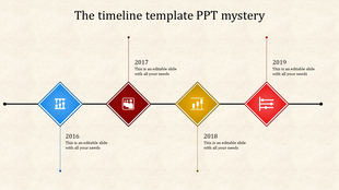 Timeline slide featuring blue, red, yeilow, and orange diamond markers with icons and text on a neutral beige background.