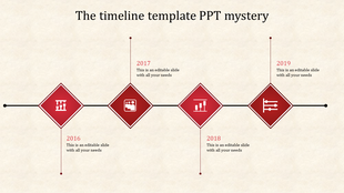 Horizontal timeline with four red diamond shaped markers, on a black line, and icons on a beige textured background.