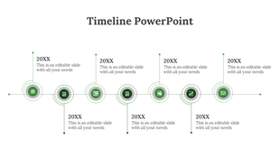 Timeline with seven green circular markers, black milestone text, arranged on a thin horizontal gray connector line.