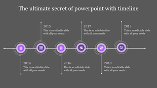 Horizontal timeline featuring six purple circular markers with icons, connected by a thin line, with text placed alternately.