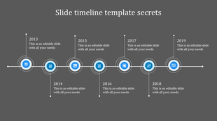 Horizontal timeline with five blue square icons with alternating caption areas positioned above and below the design.
