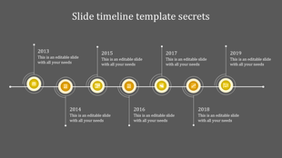 A horizontal timeline with six yellow circular markers containing icons, connected by a thin line, with text placement. 