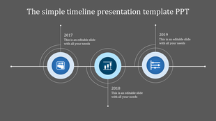 Horizontal timeline featuring blue circular milestones with icons and years from 2017 to 2019 on a gray background.