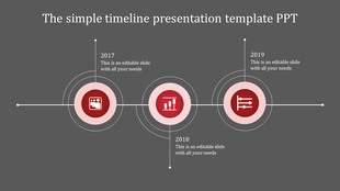 Minimalist timeline featuring three red circular nodes along a thin horizontal line, with alternating text descriptions.