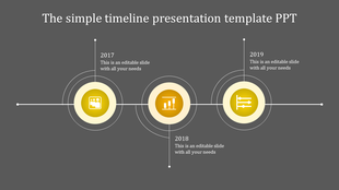 Timeline with three yellow circular icons, thin white connectors, and milestone years on a dark gray backdrop.