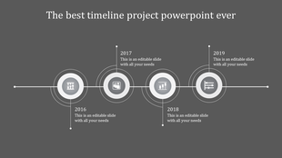 Minimalist horizontal timeline with four circular milestones, caption areas for 2016-2019 on gray background.