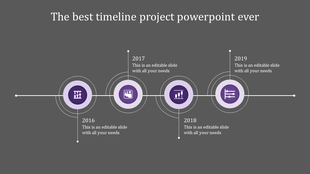 Elegant horizontal timeline with alternating deep purple and light lavender circular milestone indicators.