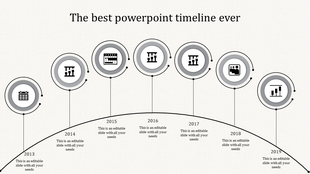 Monochrome arc shaped timeline with seven labeled steps, each containing a circular icon representing different stages.