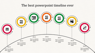 Timeline with seven evenly spaced circular milestone markers in red, yellow, green, and orange on a curved black arc.