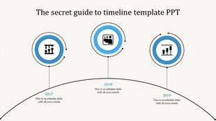 Simple blue accented timeline with circular nodes, icons, and text descriptions, illustrating milestones from 2017 to 2019.
