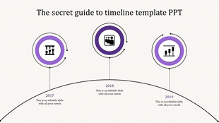 Curved timeline with three purple circular icons, marking years 2017 to 2019 on a light background.