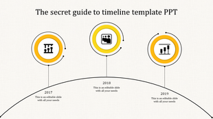 Three step yellow timeline with circular nodes along an arched trajectory, each connected to a year and an icon.
