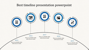 Timeline infographic featuring five blue bordered circular icons with black connectors, and years from 2015 to 2019.