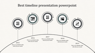 Curved grayscale timeline infographic with five circular milestones from 2015 to 2019, each containing an icon.