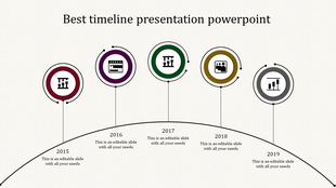 Curved timeline with five circular icons in red, purple, green, yellow, and gray, marking years 2015 to 2019.