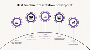 Purple themed curved timeline infographic with five milestones from 2015 to 2019, connected by vertical lines.