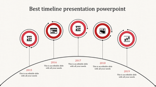 Timeline with a semi circular layout, featuring five red highlighted circles, and text descriptions below each year.