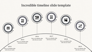 Arched timeline with six black circles representing 2014-2019, each with an icon and text below on a light background.