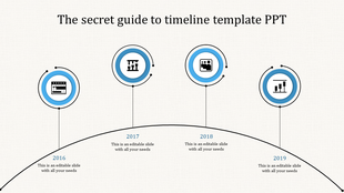 Timeline infographic featuring four blue bordered circular icons connected by thin black lines over a curved path.