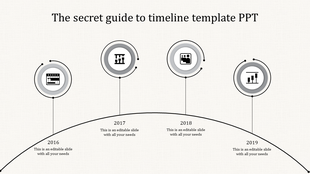 Black and white timeline with round milestone indicators placed along a curved path, detailing key events from 2016 to 2019.