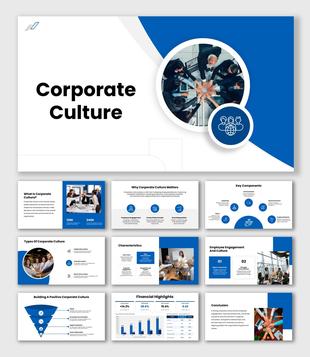 Corporate Culture blue-white slides, teamwork photo, icons, circular shapes, clean text boxes and structured layout.