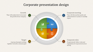 Corporate infographic featuring a circular puzzle with four colored segments, each representing a key concept linked to labels.