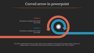 Dark themed slide with two curved arrows, in red and blue, forming a spiral shape with captions on the left.