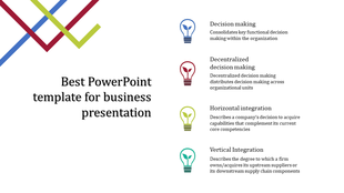 Business process infographic displaying four lightbulb icons with captions explaining decision making and approaches.
