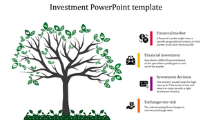 Illustration of a tree with financial themed leaves and four key points are listed with icons on the right.